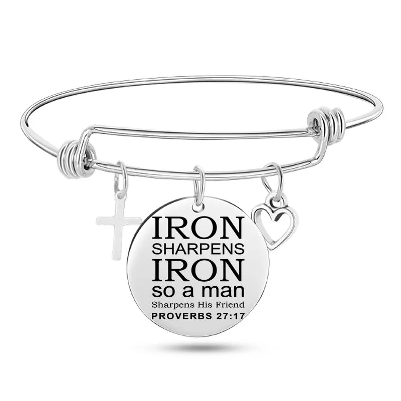 Silver stainless steel bangle bracelet with cross pendant and Christian Bible scripture design