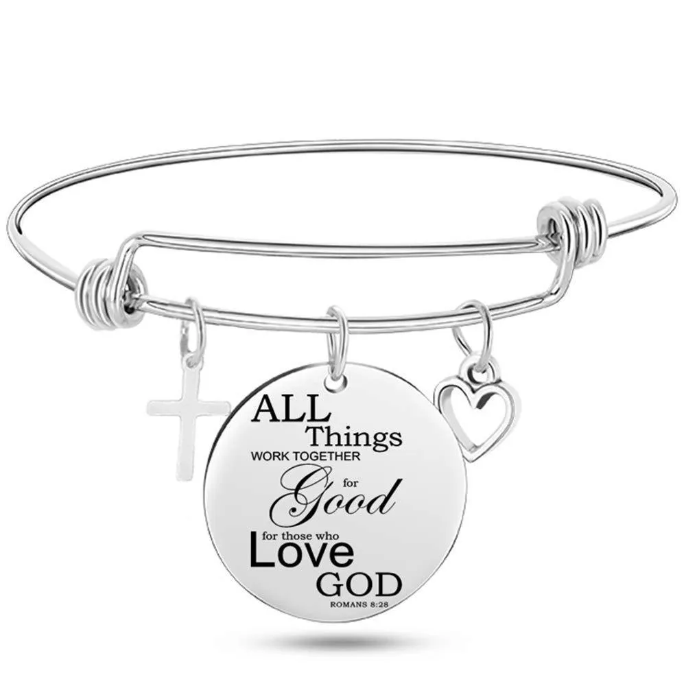 Silver stainless steel bangle bracelet with cross pendant and Christian Bible scripture design