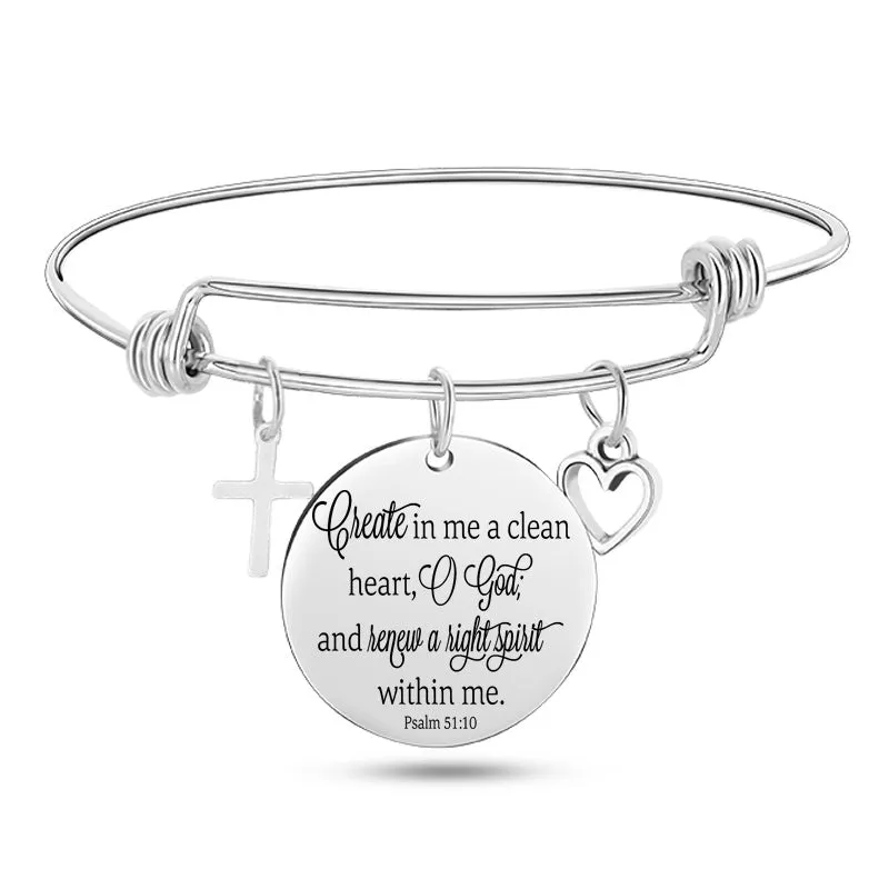 Silver stainless steel bangle bracelet with cross pendant and Christian Bible scripture design