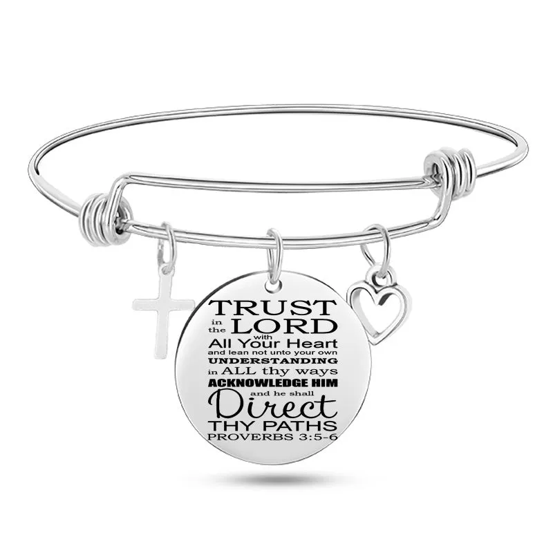 Silver stainless steel bangle bracelet with cross pendant and Christian Bible scripture design