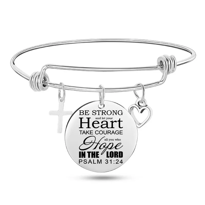 Silver stainless steel bangle bracelet with cross pendant and Christian Bible scripture design