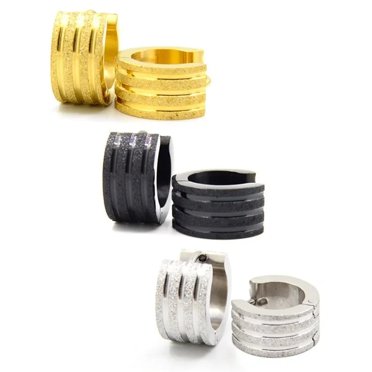 Korean style geometric titanium steel earrings with three-line frosted design in black, gold or steel colour options