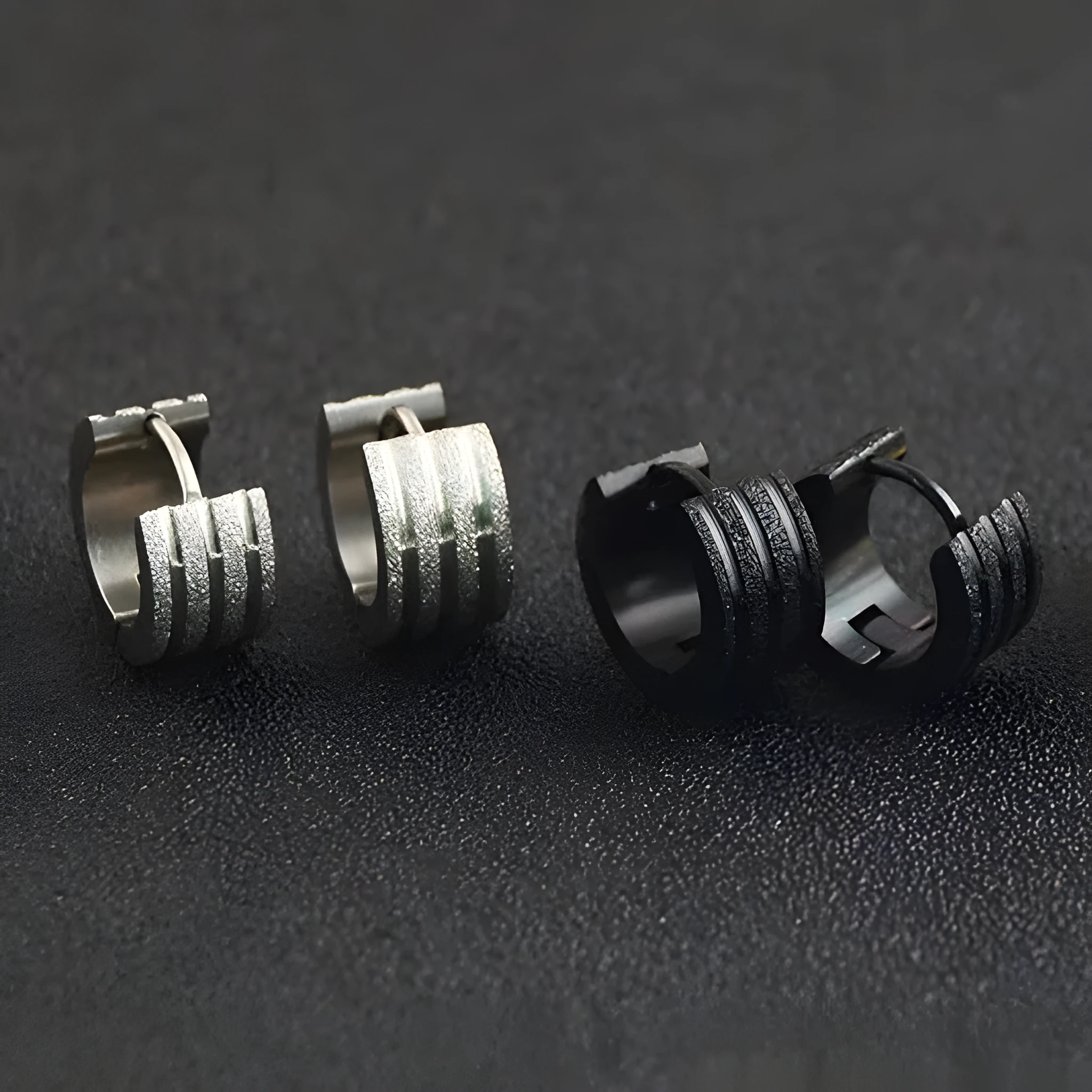 Korean style geometric titanium steel earrings with three-line frosted design in black, gold or steel colour options