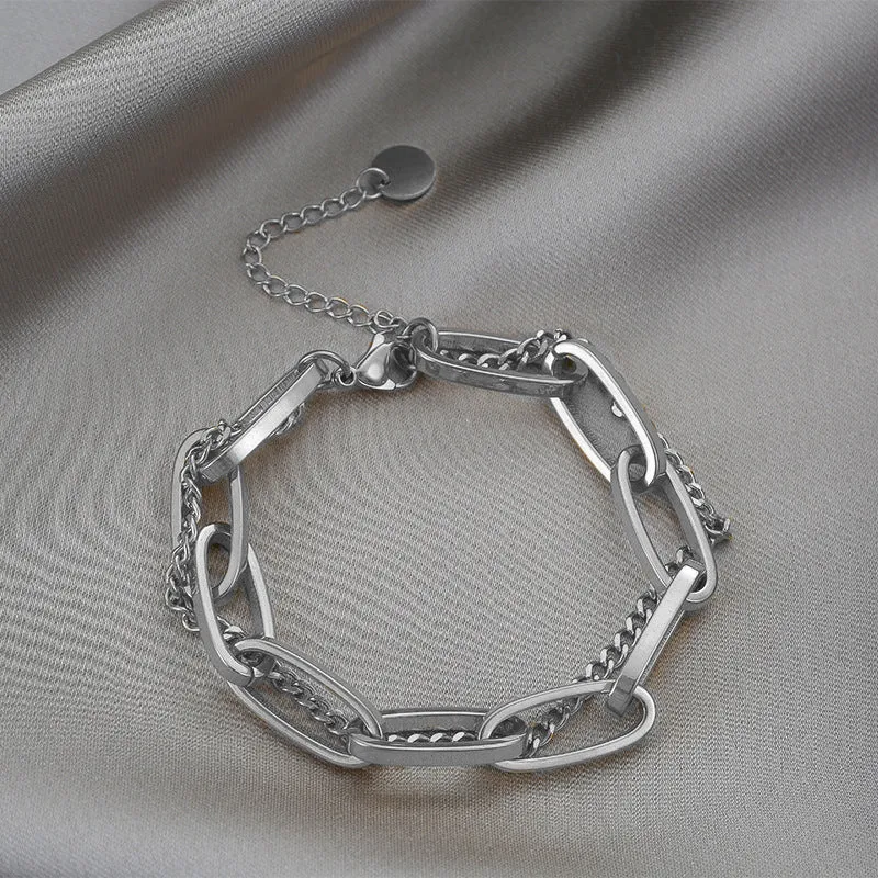 316L stainless steel double-layer chain bracelet in gold geometric design for women hip-hop style