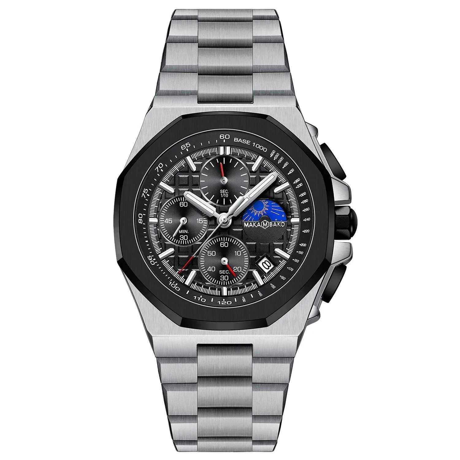 Men's quartz watch with mineral glass mirror, 12mm thickness, stainless steel buckle, and waterproof multi-function display