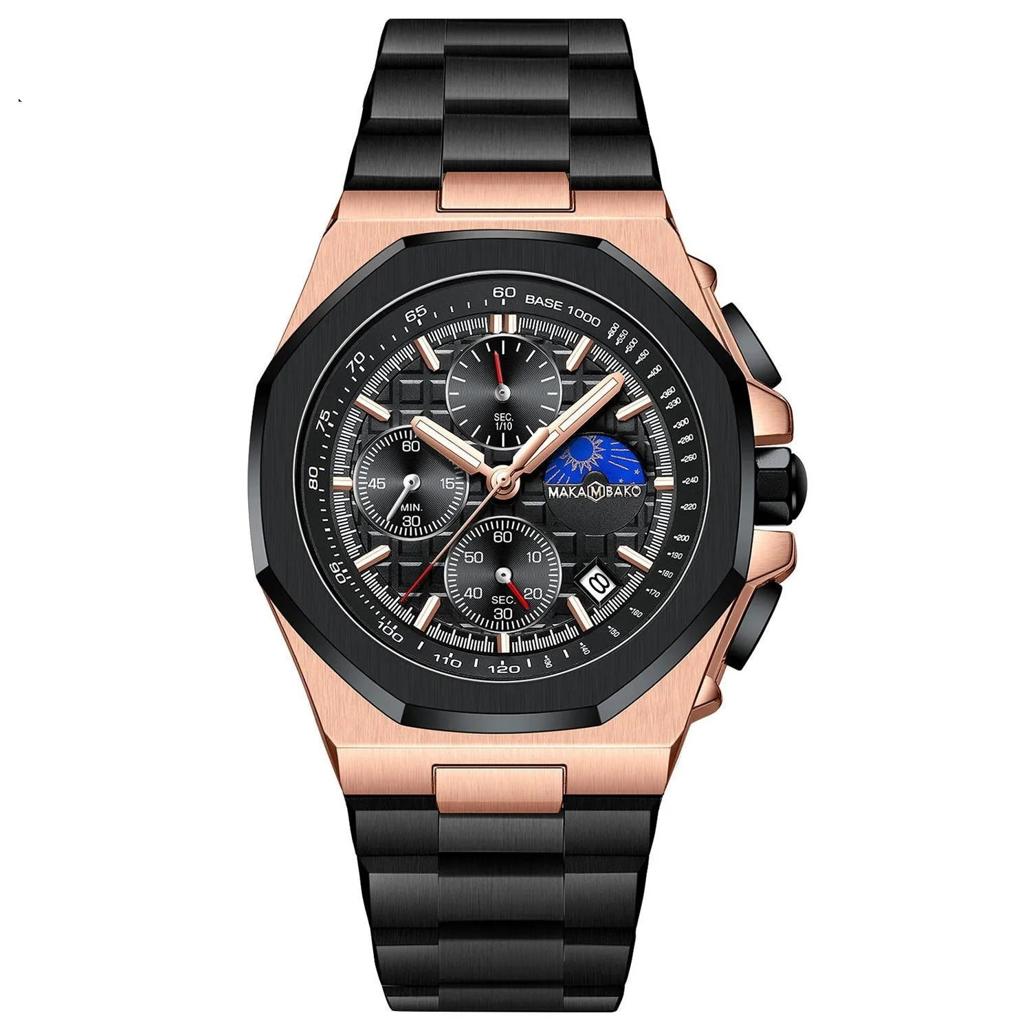 Men's quartz watch with mineral glass mirror, 12mm thickness, stainless steel buckle, and waterproof multi-function display