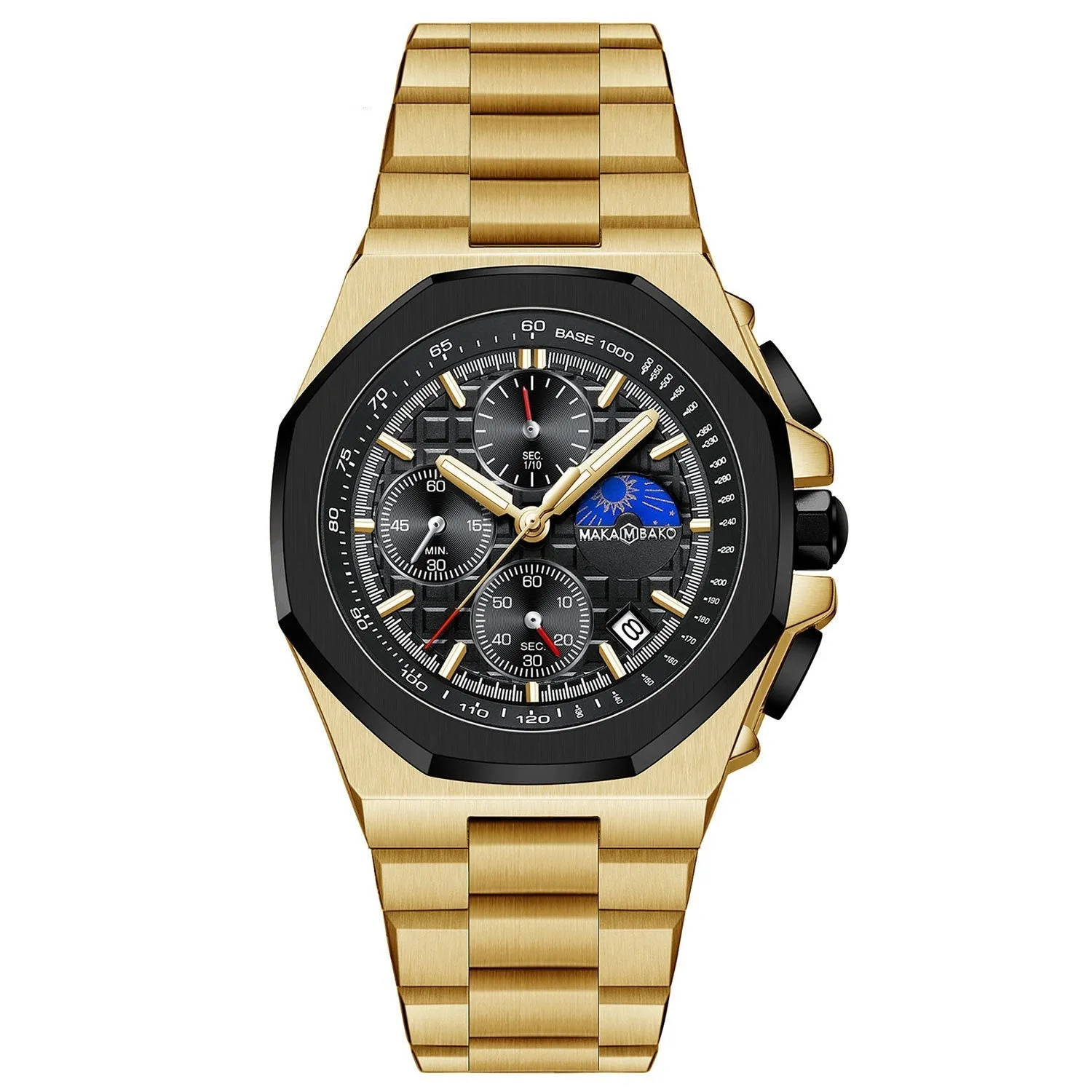 Men's quartz watch with mineral glass mirror, 12mm thickness, stainless steel buckle, and waterproof multi-function display