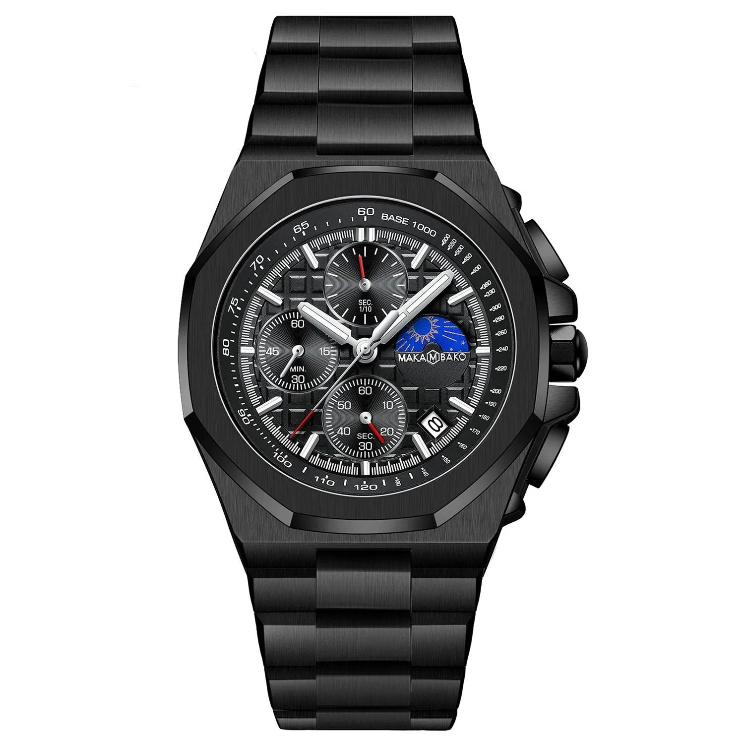 Men's quartz watch with mineral glass mirror, 12mm thickness, stainless steel buckle, and waterproof multi-function display