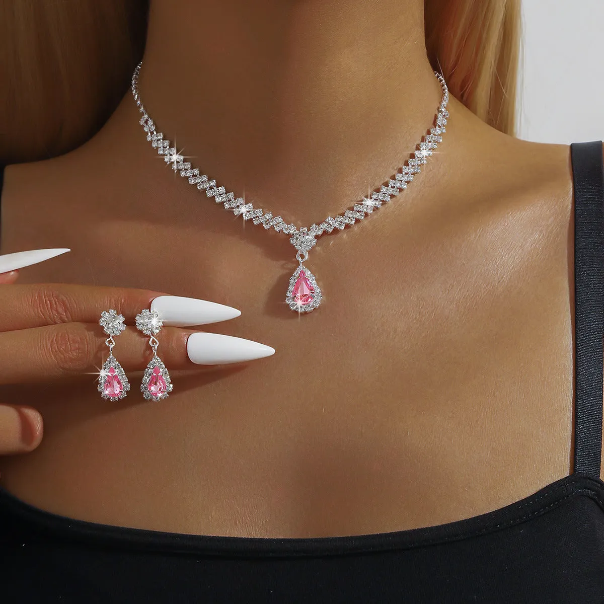 Claw chain necklace and earrings set with water drop rhinestone shapes in multiple colour options