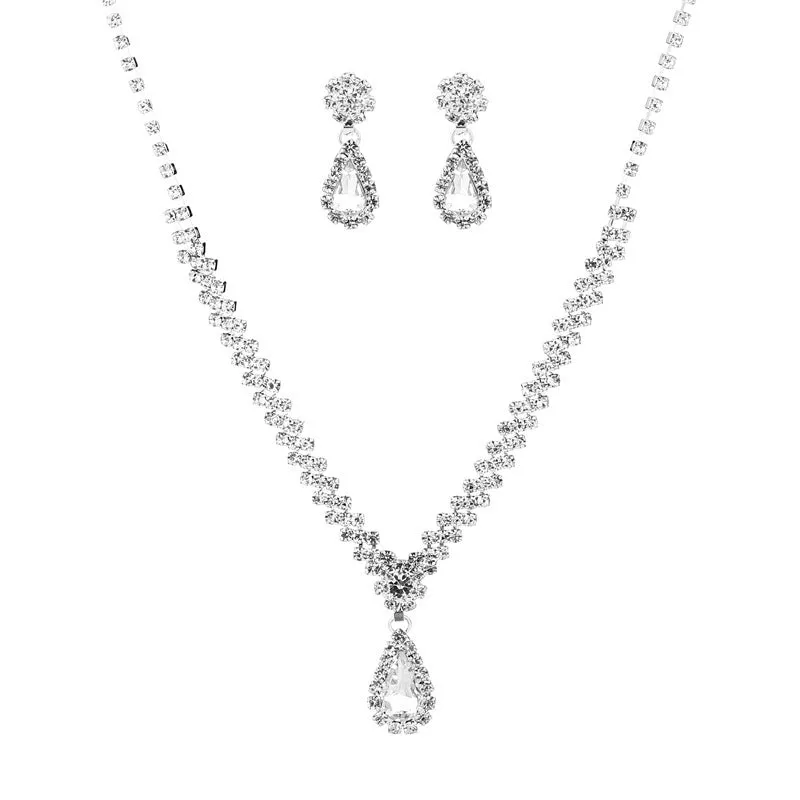 Claw chain necklace and earrings set with water drop rhinestone shapes in multiple colour options
