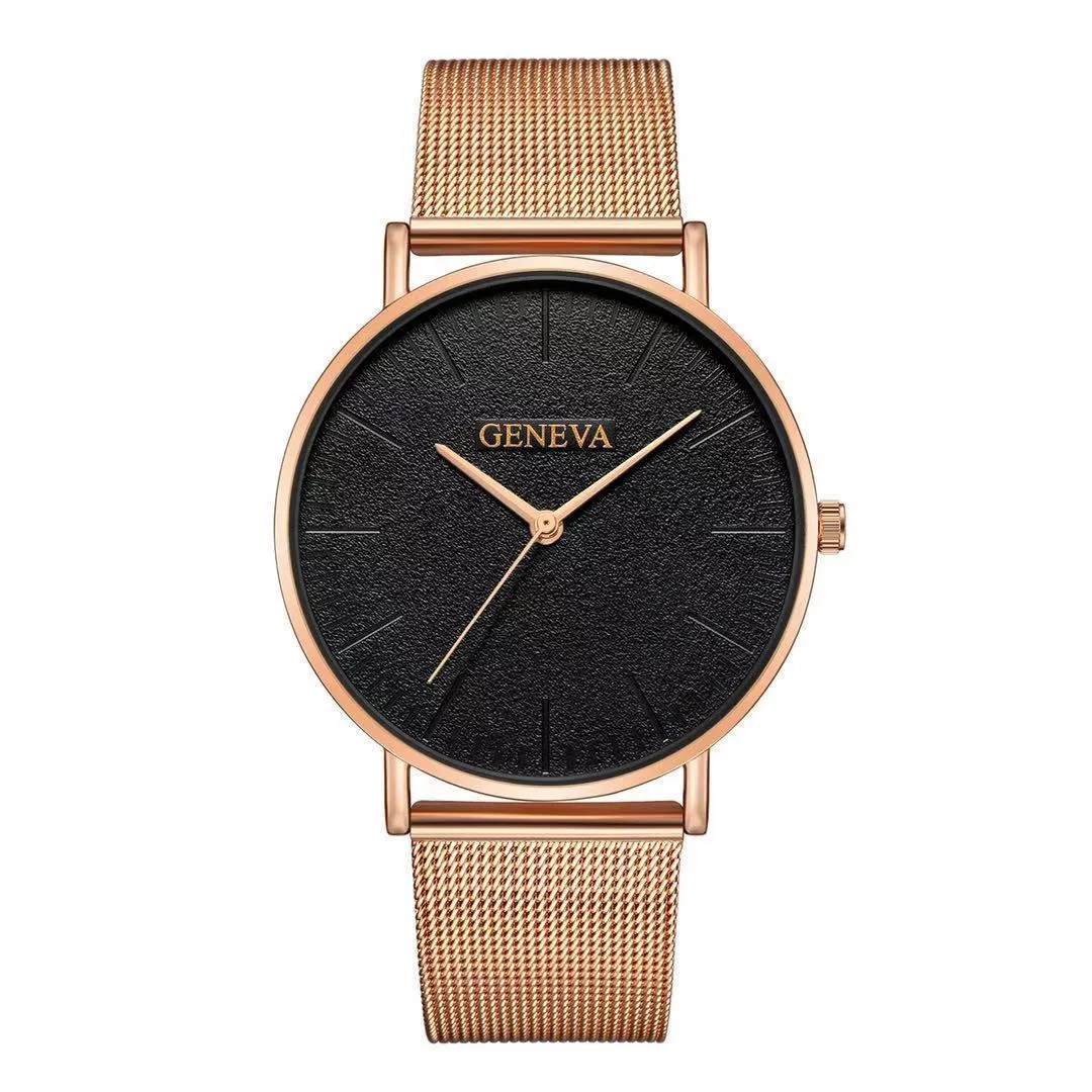 Men's quartz watch with round 40mm alloy case and pin buckle strap in a black and rose gold colour style