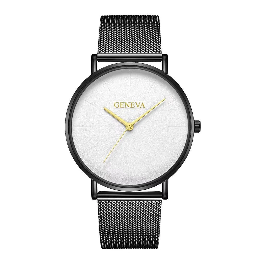 Men's quartz watch with round 40mm alloy case and pin buckle strap in a black and rose gold colour style