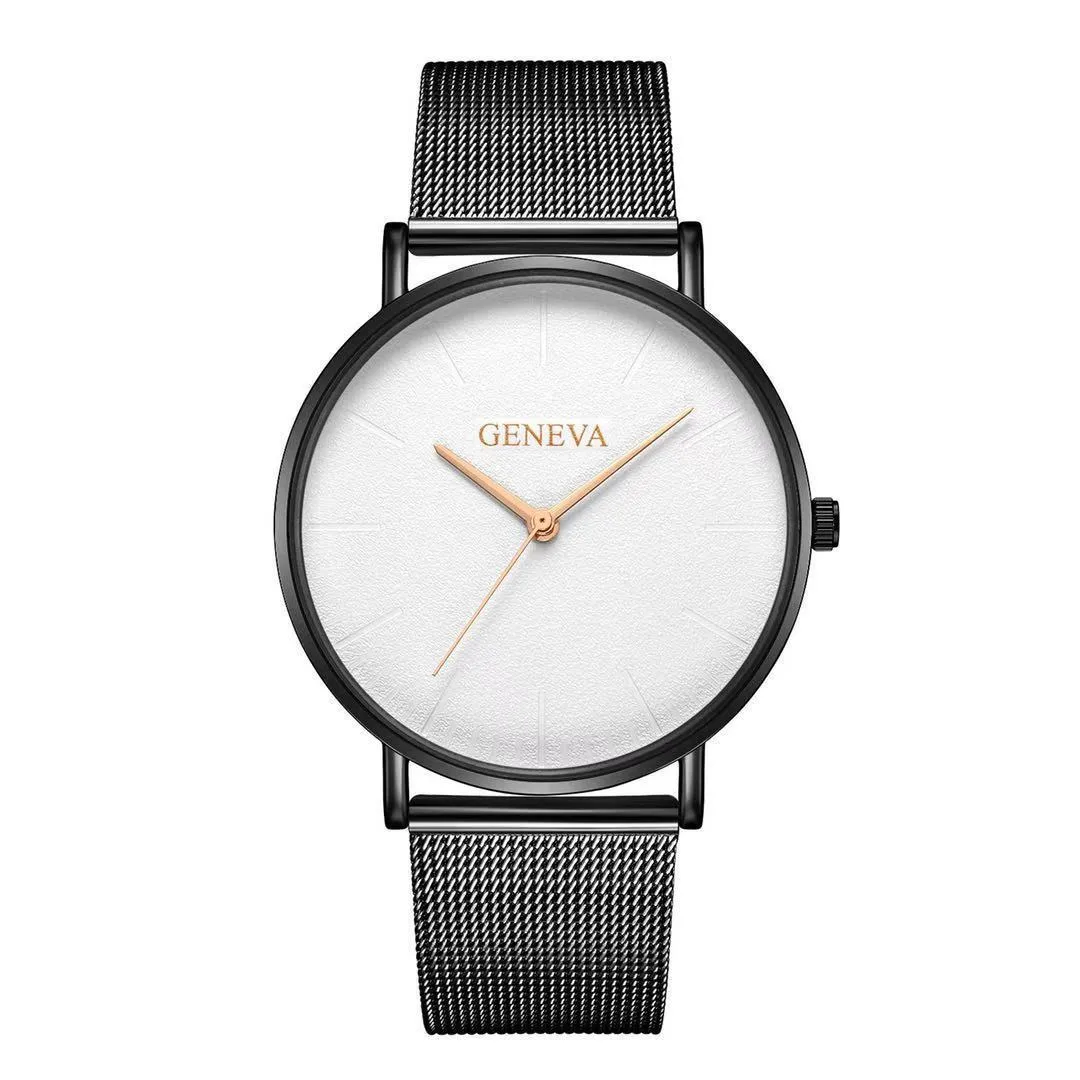 Men's quartz watch with round 40mm alloy case and pin buckle strap in a black and rose gold colour style