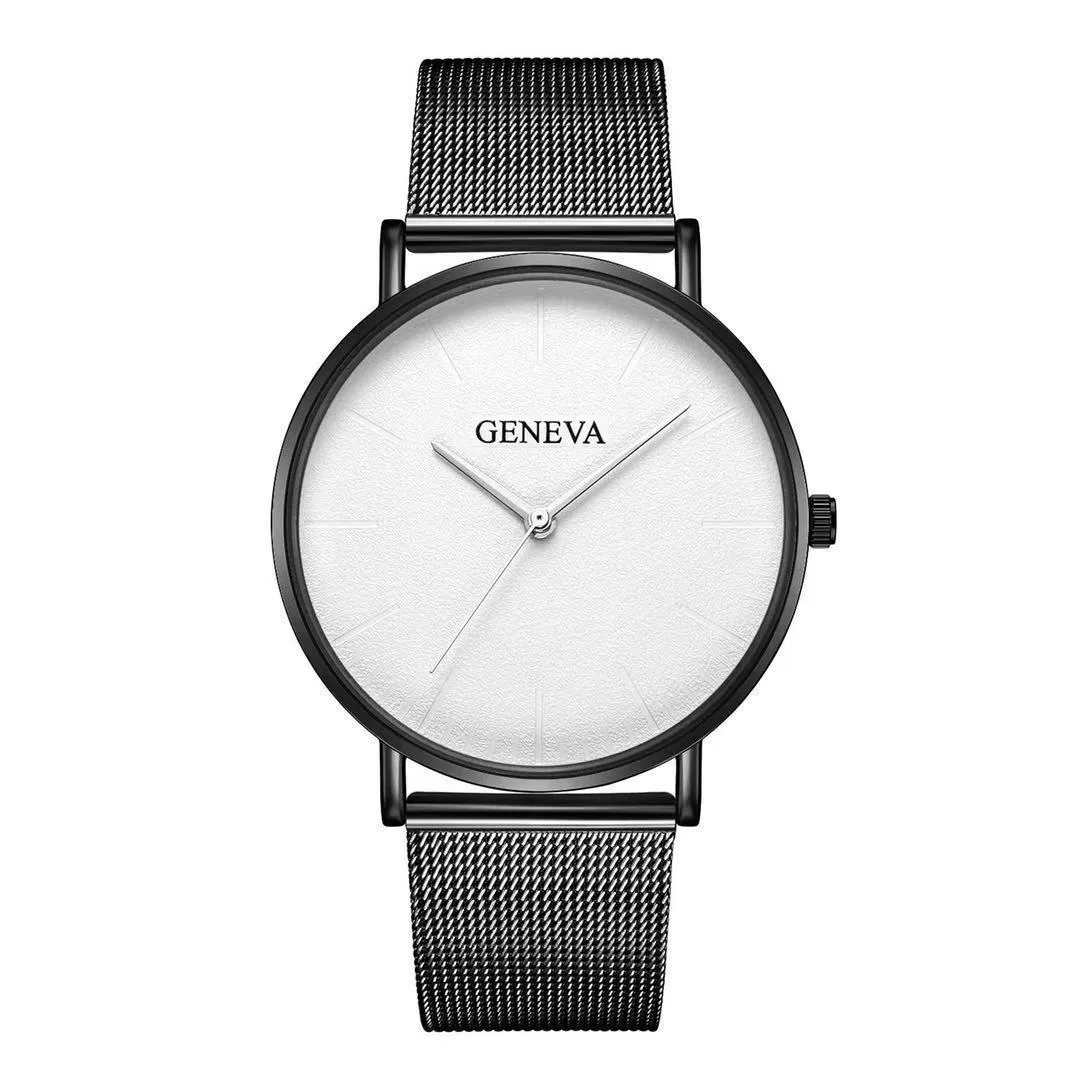Men's quartz watch with round 40mm alloy case and pin buckle strap in a black and rose gold colour style