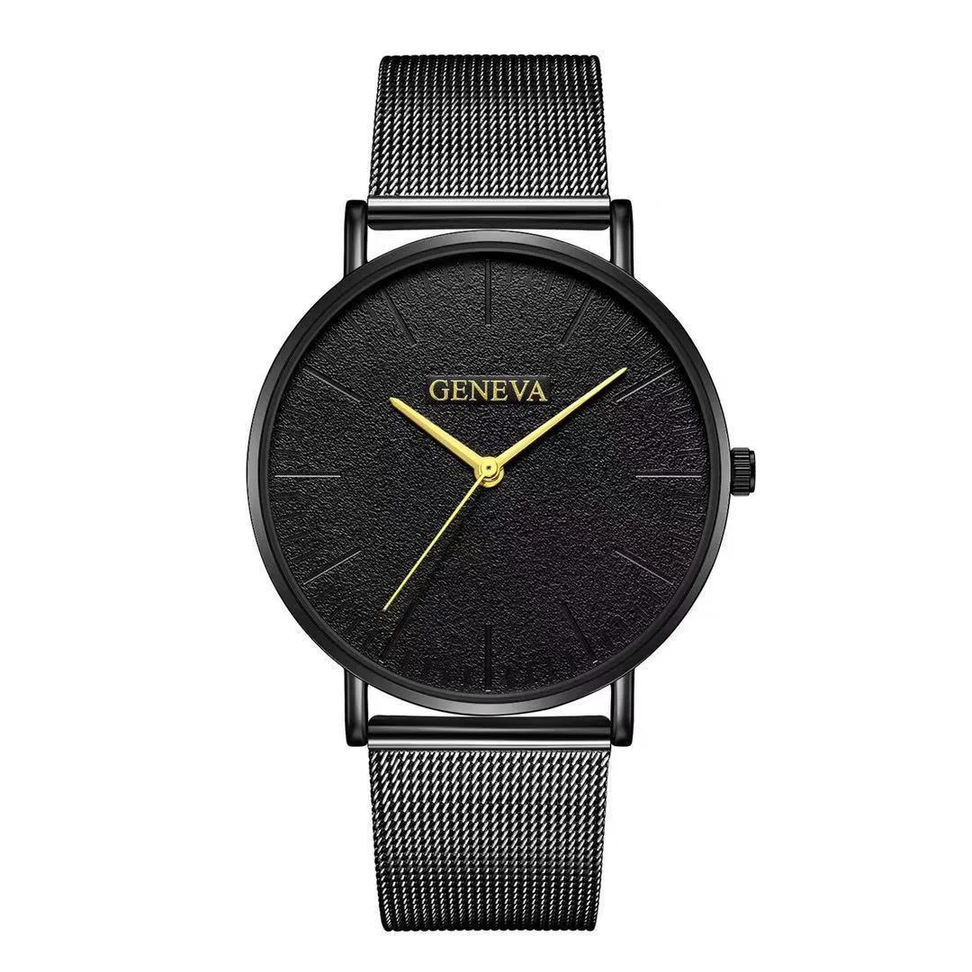 Men's quartz watch with round 40mm alloy case and pin buckle strap in a black and rose gold colour style