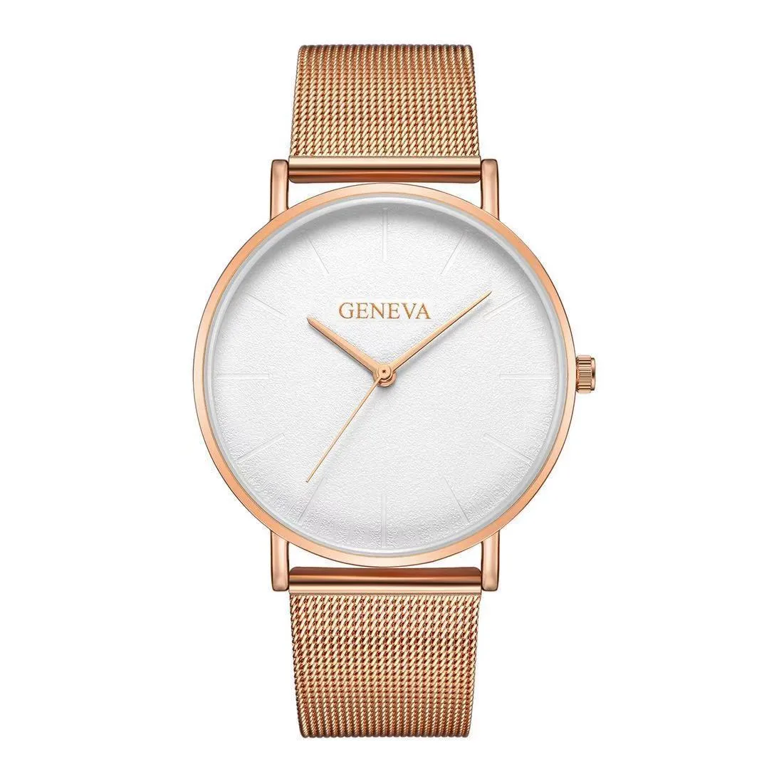 Men's quartz watch with round 40mm alloy case and pin buckle strap in a black and rose gold colour style
