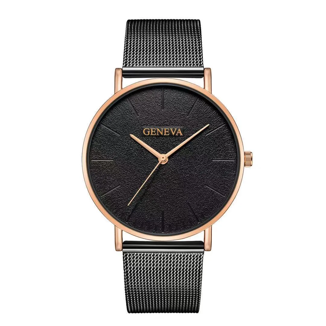 Men's quartz watch with round 40mm alloy case and pin buckle strap in a black and rose gold colour style