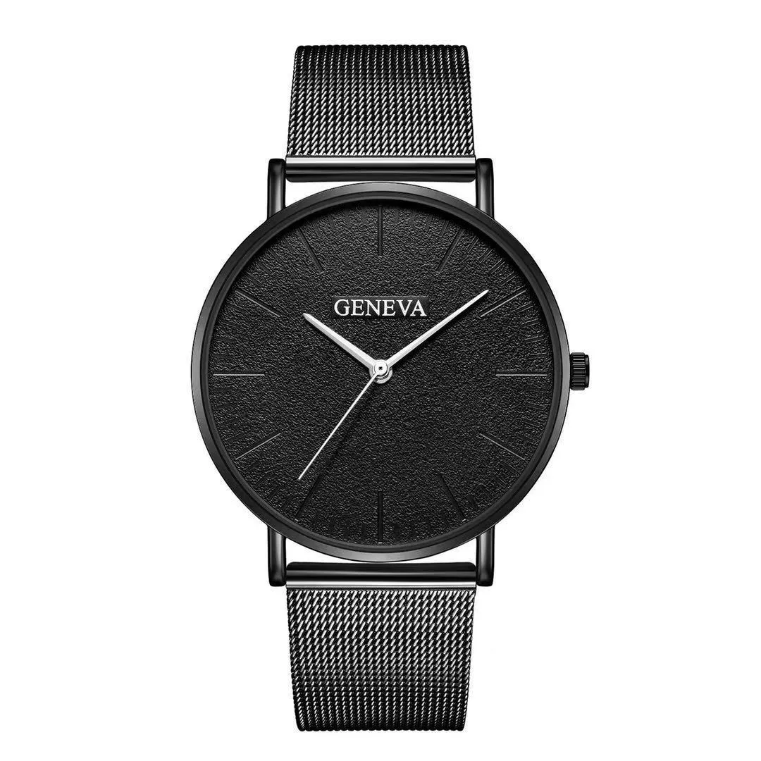 Men's quartz watch with round 40mm alloy case and pin buckle strap in a black and rose gold colour style