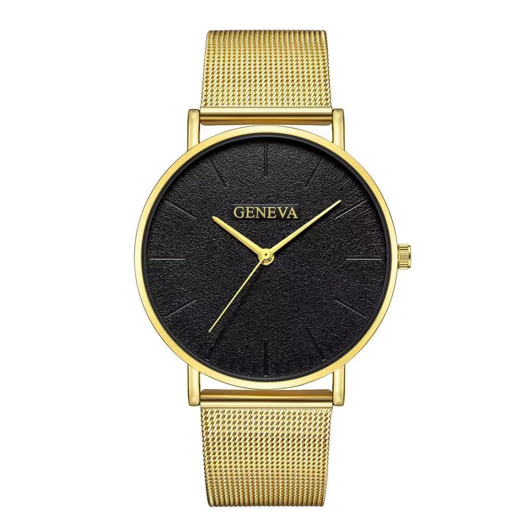 Men's quartz watch with round 40mm alloy case and pin buckle strap in a black and rose gold colour style