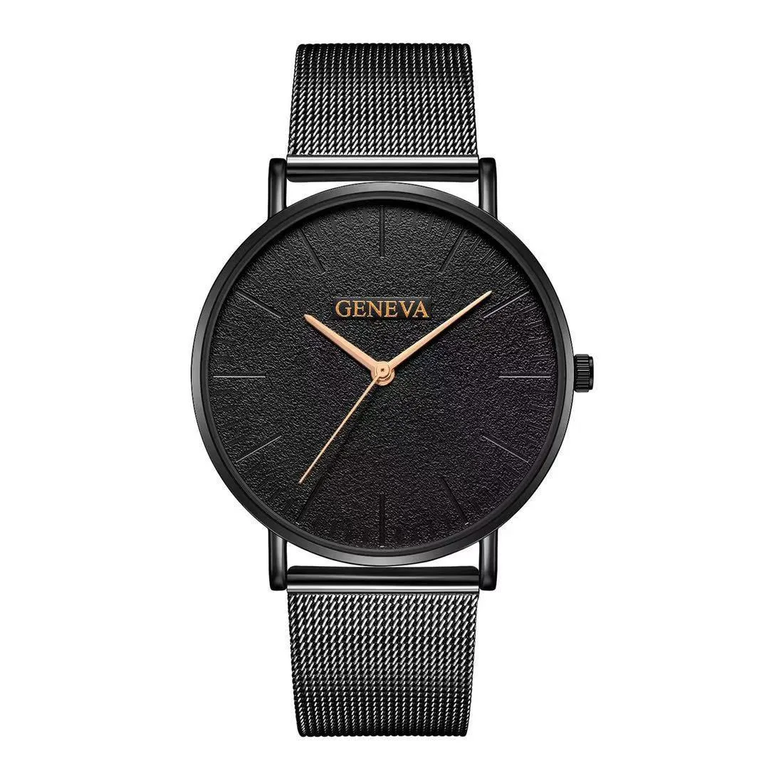 Men's quartz watch with round 40mm alloy case and pin buckle strap in a black and rose gold colour style