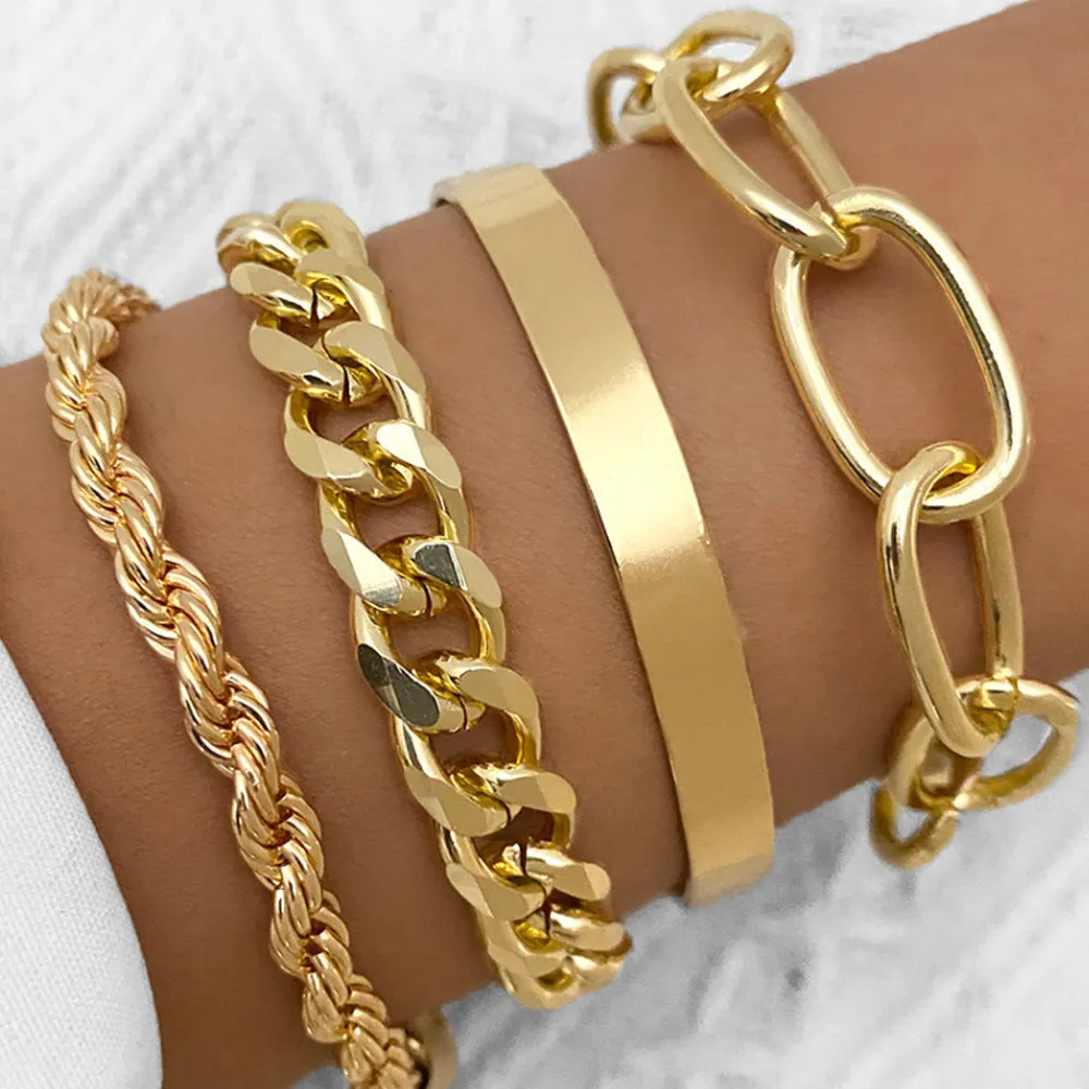 Set of 6 women's stretch bracelets with natural glass stones and gold beads arranged on a white surface