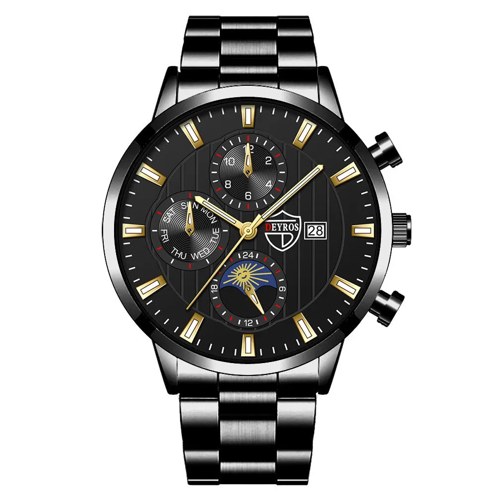 Men's casual luminous quartz wrist watch with calendar date, 9.5mm stainless steel case, black dial with silver needle