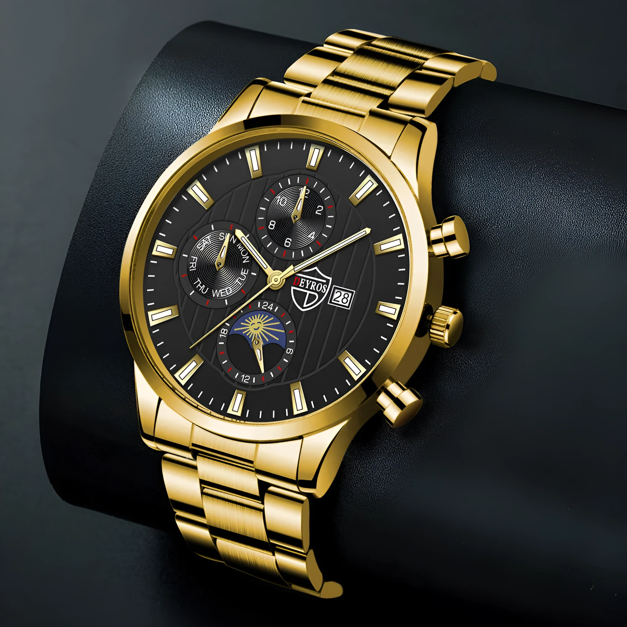 Men's casual luminous quartz wrist watch with calendar date, 9.5mm stainless steel case, black dial with silver needle
