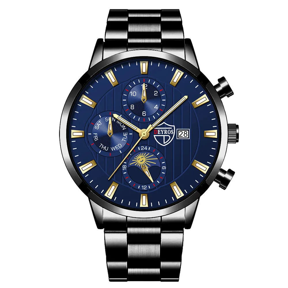 Men's casual luminous quartz wrist watch with calendar date, 9.5mm stainless steel case, black dial with silver needle