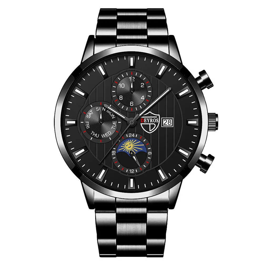 Men's casual luminous quartz wrist watch with calendar date, 9.5mm stainless steel case, black dial with silver needle