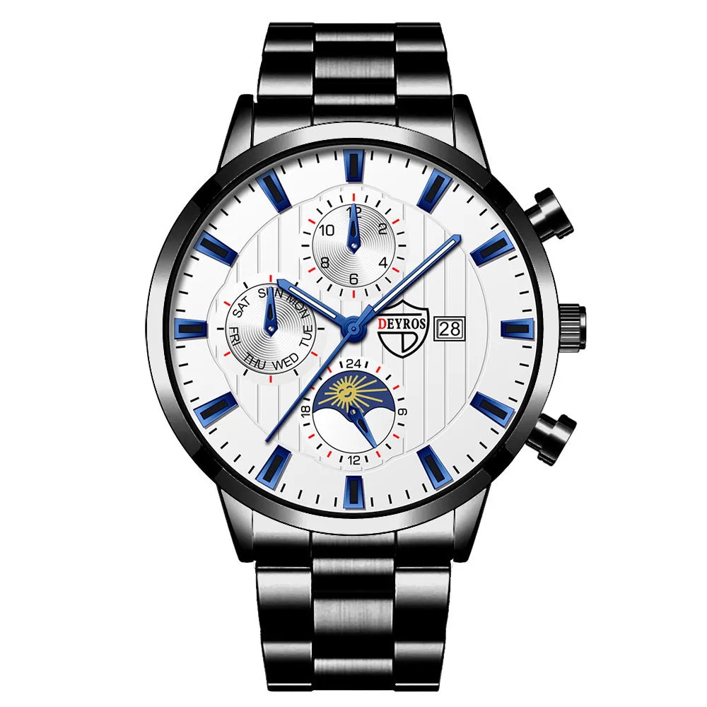 Men's casual luminous quartz wrist watch with calendar date, 9.5mm stainless steel case, black dial with silver needle
