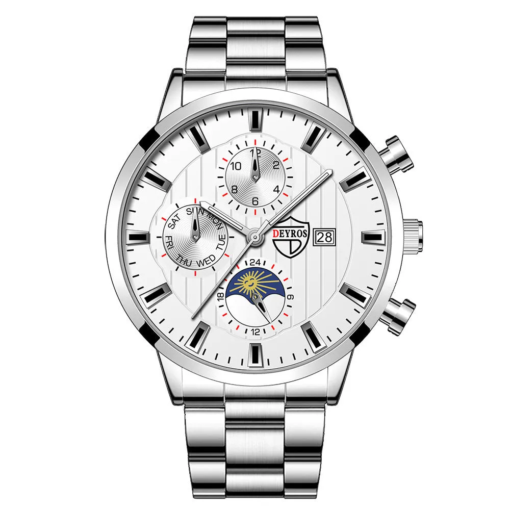 Men's casual luminous quartz wrist watch with calendar date, 9.5mm stainless steel case, black dial with silver needle