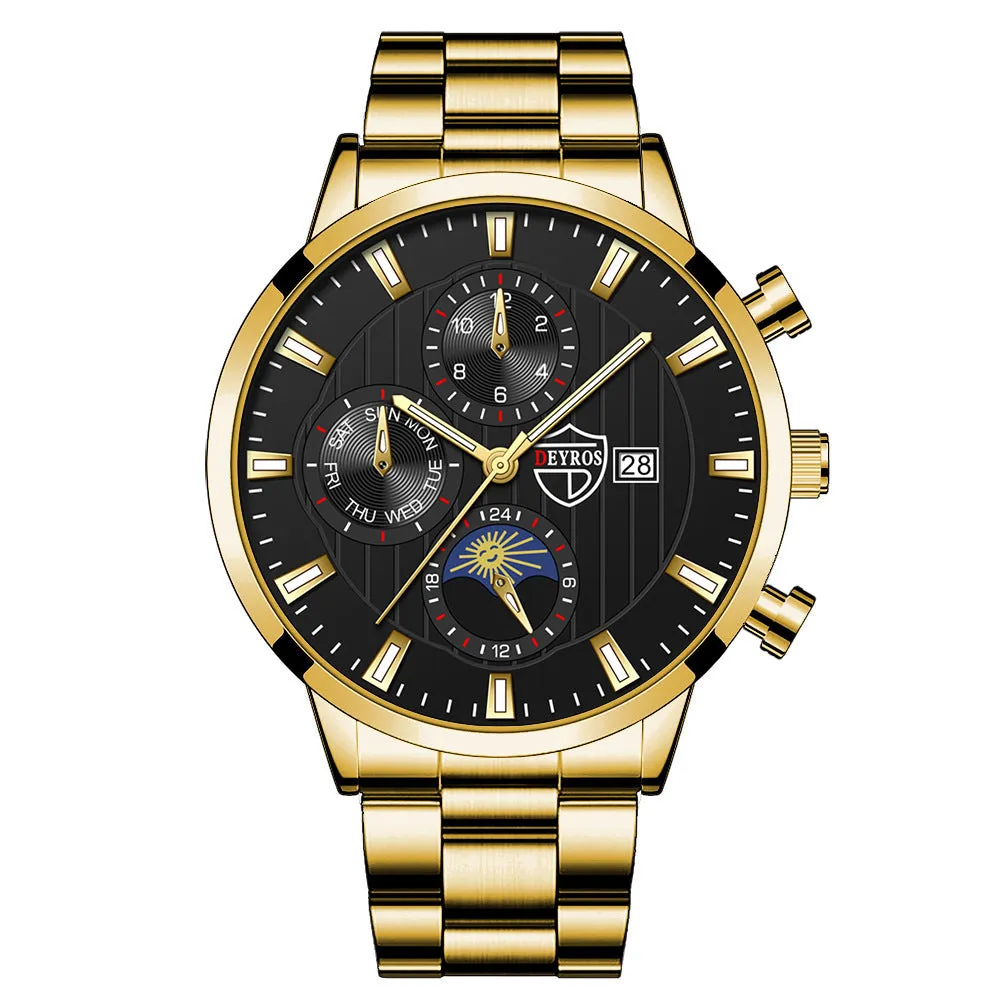 Men's casual luminous quartz wrist watch with calendar date, 9.5mm stainless steel case, black dial with silver needle