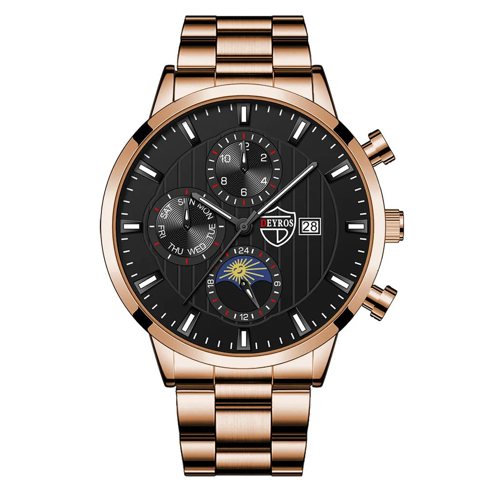 Men's casual luminous quartz wrist watch with calendar date, 9.5mm stainless steel case, black dial with silver needle