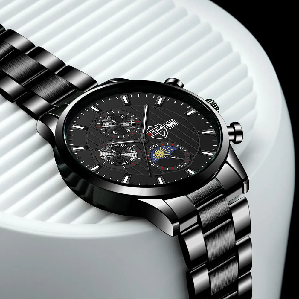 Men's casual luminous quartz wrist watch with calendar date, 9.5mm stainless steel case, black dial with silver needle