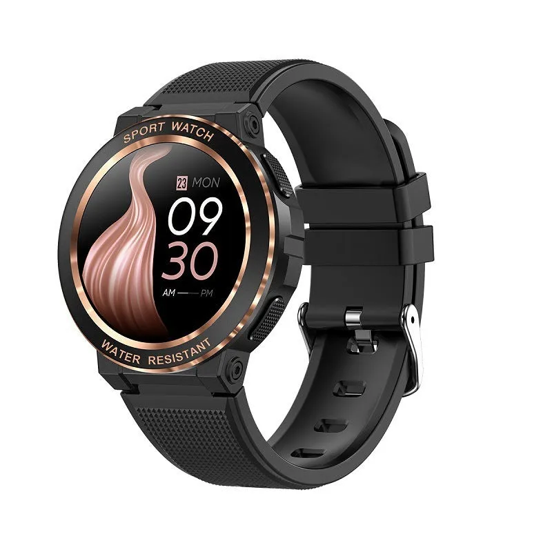 MK60 smart watch in pink with TFT screen showing health data, on a wrist, with Bluetooth call and health monitoring features.