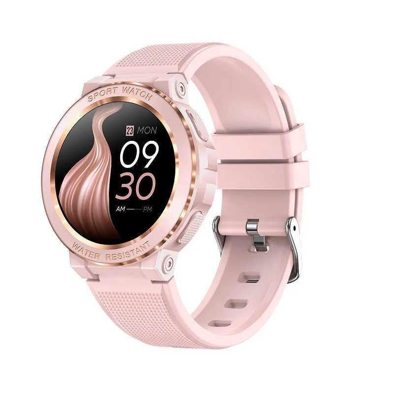MK60 smart watch in pink with TFT screen showing health data, on a wrist, with Bluetooth call and health monitoring features.