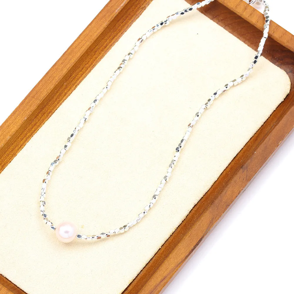 New cute broken silver necklace with natural pearl pendant and colourful beads on collarbone chain