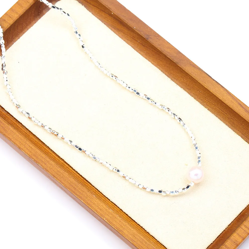 New cute broken silver necklace with natural pearl pendant and colourful beads on collarbone chain