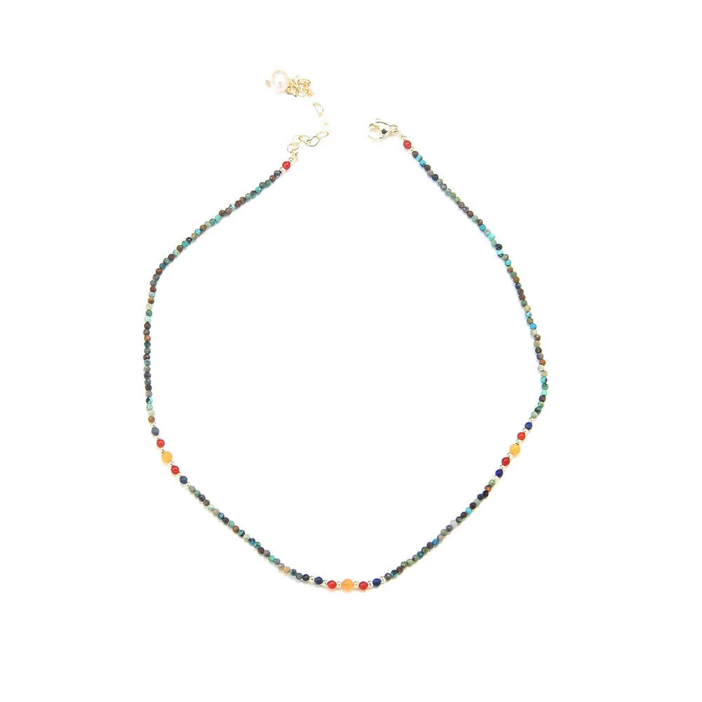 New cute broken silver necklace with natural pearl pendant and colourful beads on collarbone chain