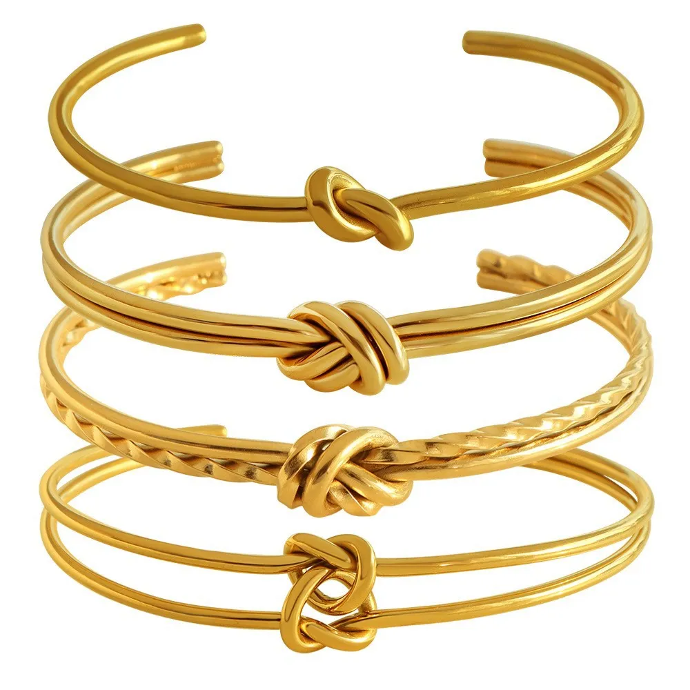 Adjustable C-shaped double-layer bracelet with knotted detail and 18K gold plating