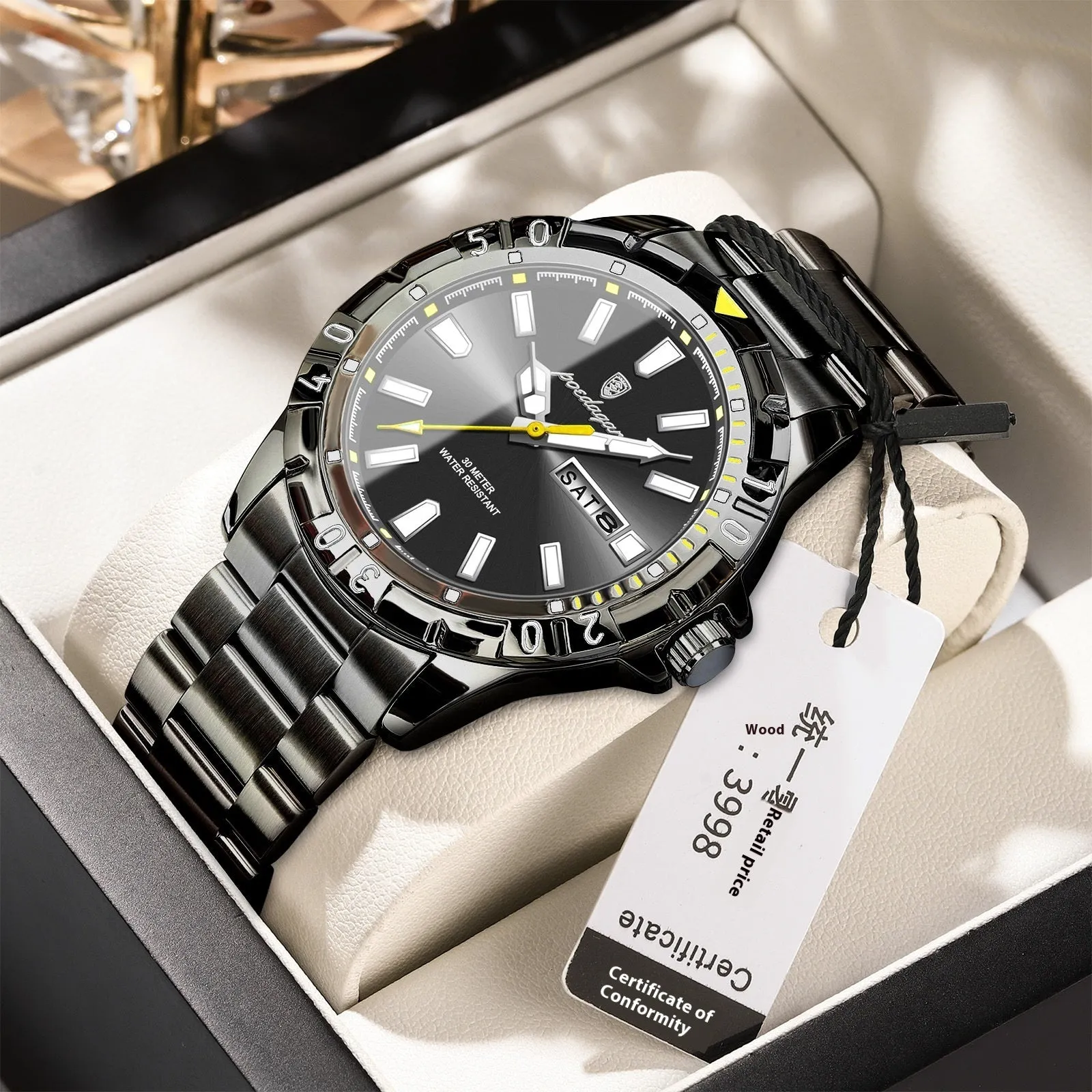 Swiss brand waterproof men's luminous watch with 6mm slim case, steel belt, silver tone dial, and luminous hands