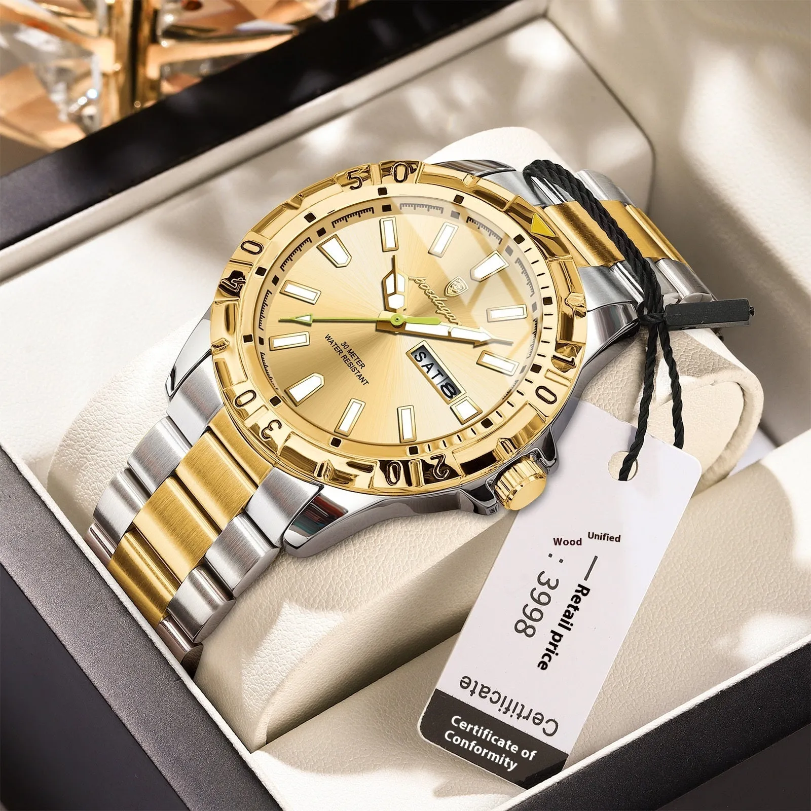 Swiss brand waterproof men's luminous watch with 6mm slim case, steel belt, silver tone dial, and luminous hands