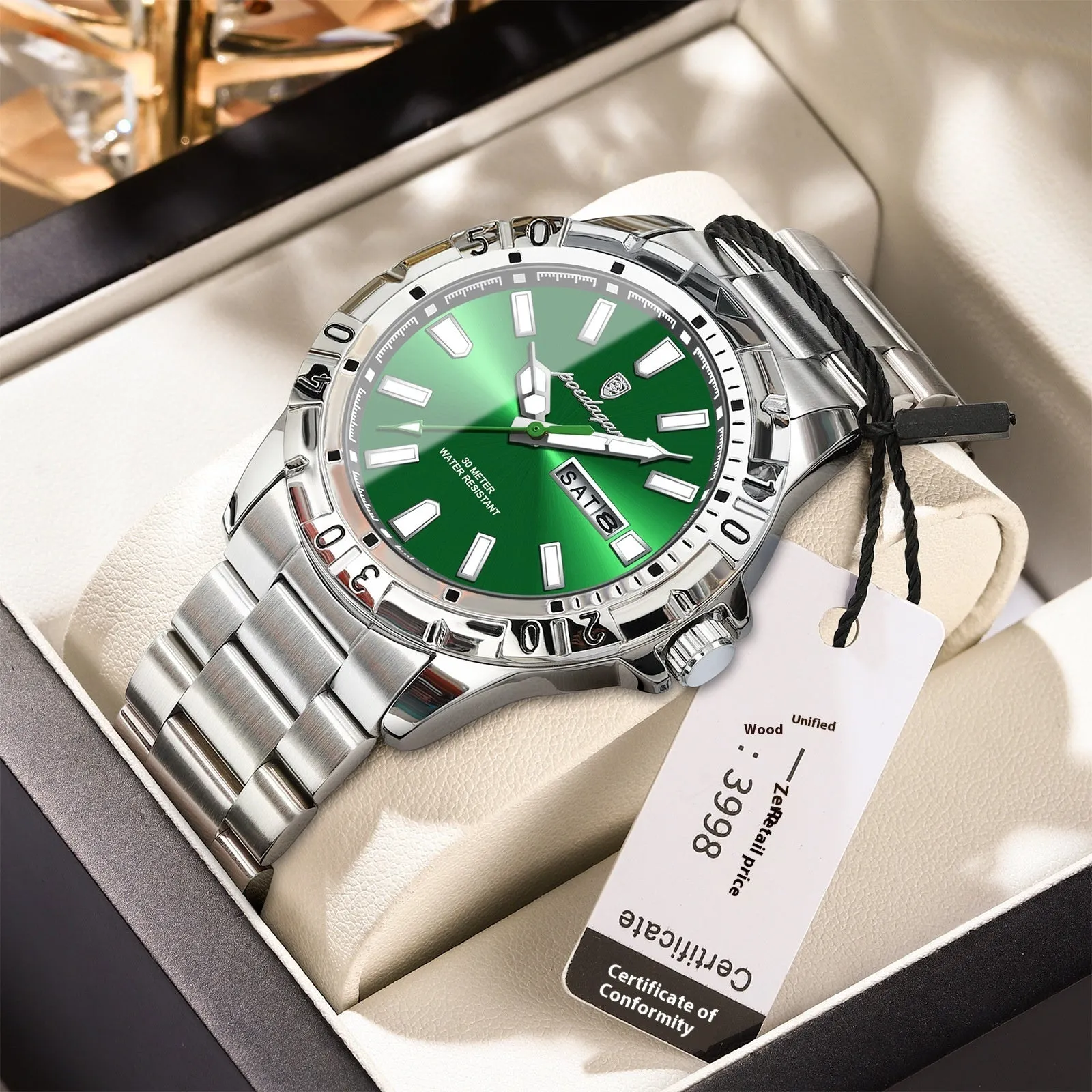 Swiss brand waterproof men's luminous watch with 6mm slim case, steel belt, silver tone dial, and luminous hands