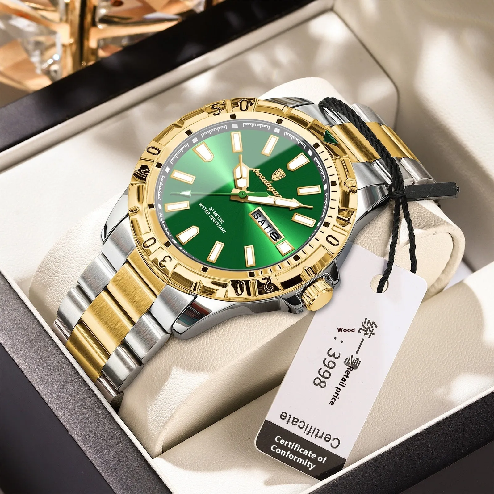 Swiss brand waterproof men's luminous watch with 6mm slim case, steel belt, silver tone dial, and luminous hands
