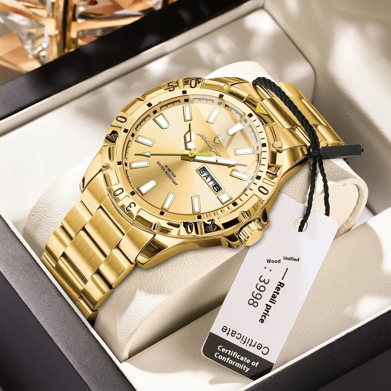 Swiss brand waterproof men's luminous watch with 6mm slim case, steel belt, silver tone dial, and luminous hands