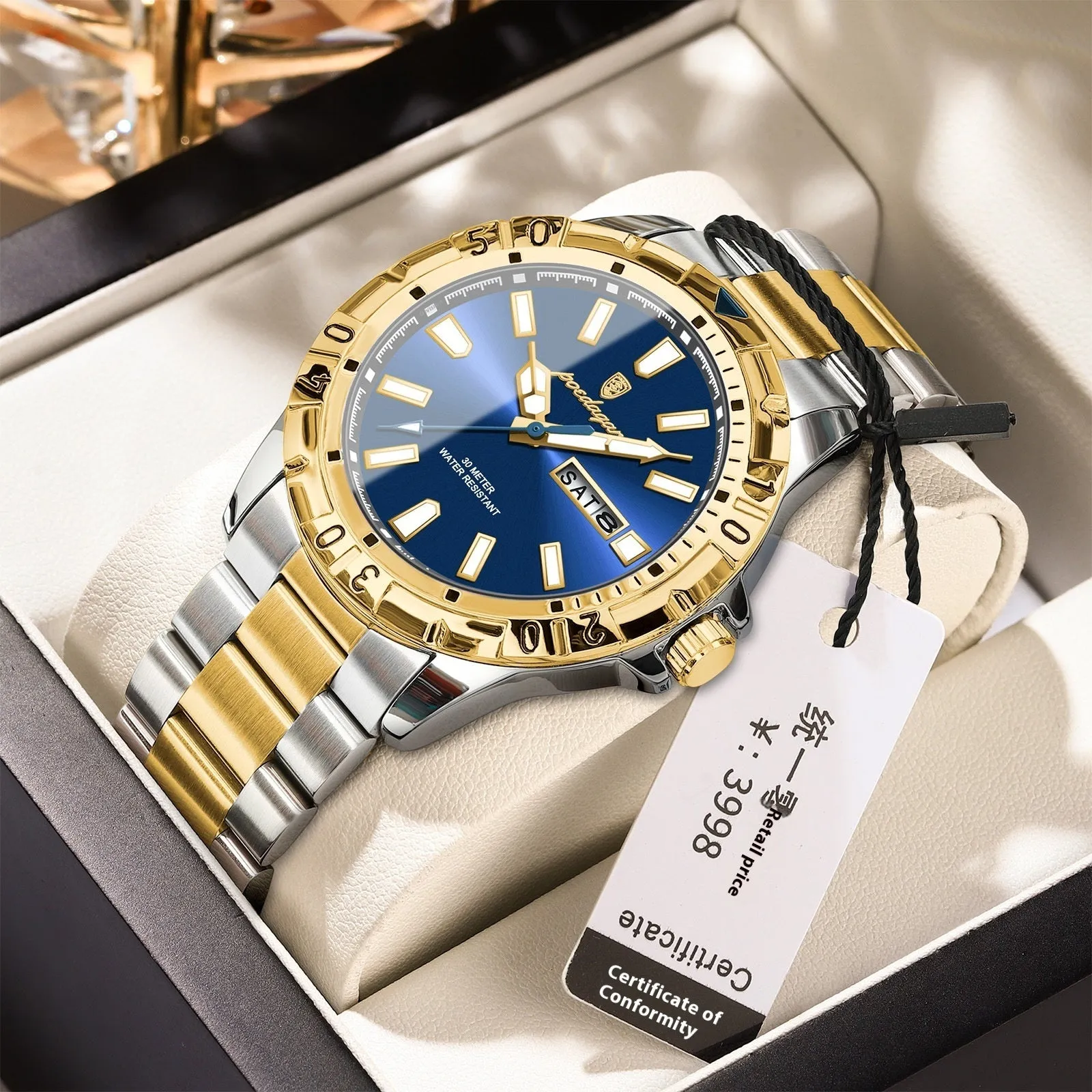 Swiss brand waterproof men's luminous watch with 6mm slim case, steel belt, silver tone dial, and luminous hands