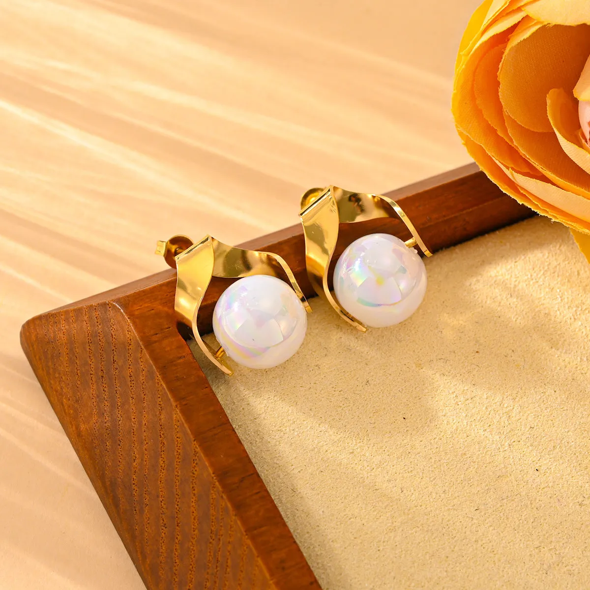 Fashion lady pearl earrings set in titanium steel with electroplating love heart water drop bell shapes, including necklace and stud earrings