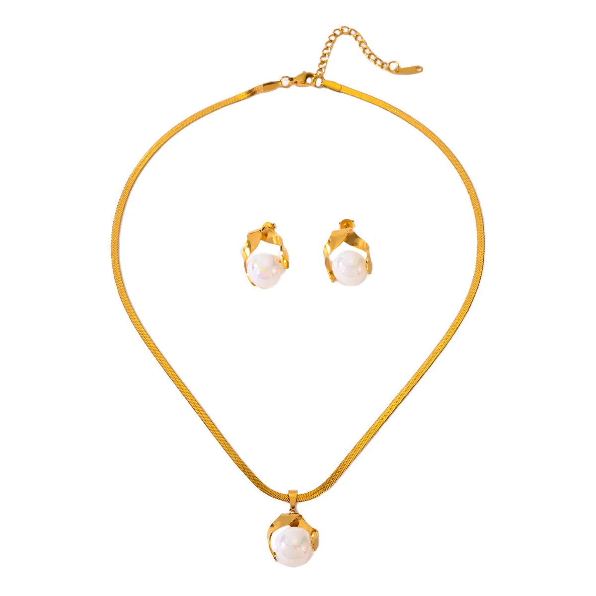 Fashion lady pearl earrings set in titanium steel with electroplating love heart water drop bell shapes, including necklace and stud earrings