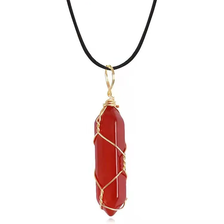 Red crystal hexagonal prism pendant necklace with copper wire winding on a water wave chain