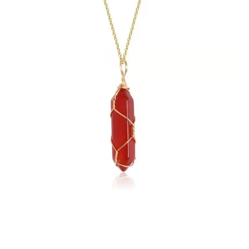 Red crystal hexagonal prism pendant necklace with copper wire winding on a water wave chain